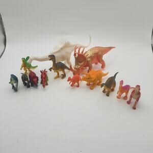 Lot of 13 Dinosaur Figures Mixed Species Plastic Toys Large & Mini Colorful Set